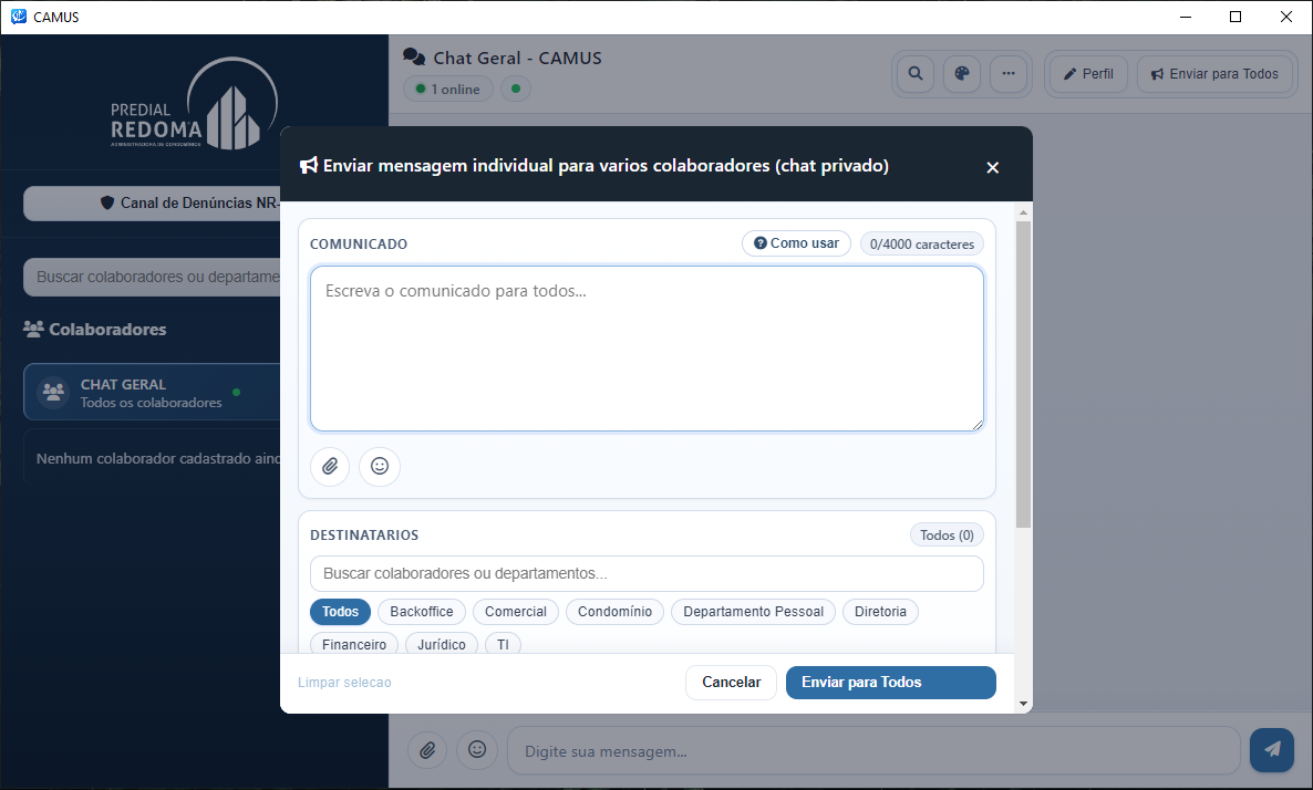 Tela de envio de mensagem individual para vários colaboradores no CAMUS.